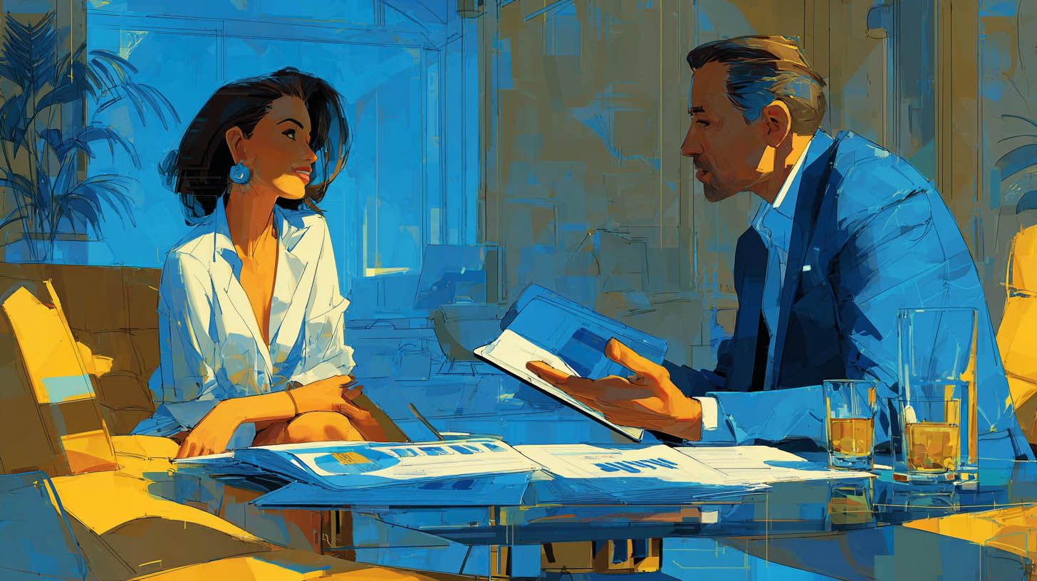 Expert-comptable en rendez-vous avec une cliente entrepreneure analysant des tableaux financiers à Guyancourt