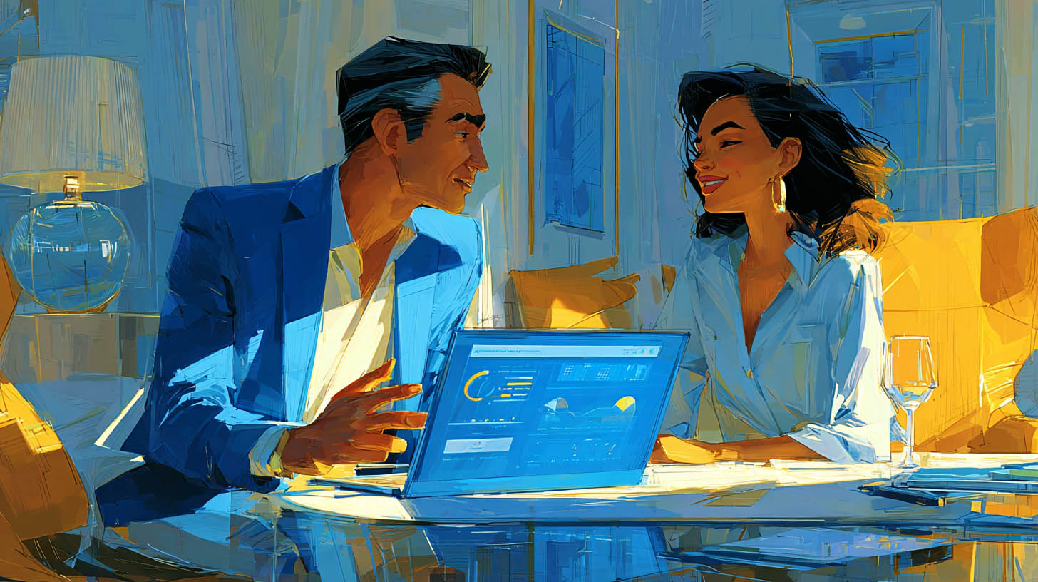 Expert-comptable en rendez-vous avec une cliente entrepreneure analysant un dashboard financier à Marly-le-Roi