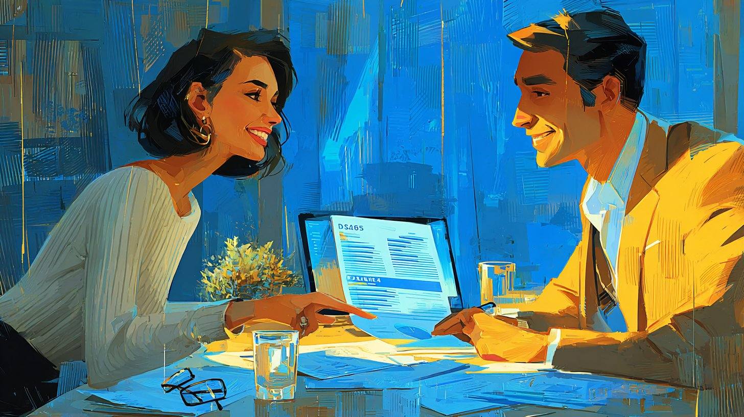 Expert-comptable et cliente souriants face à un écran de tableau de bord financier à Morsang-sur-Orge