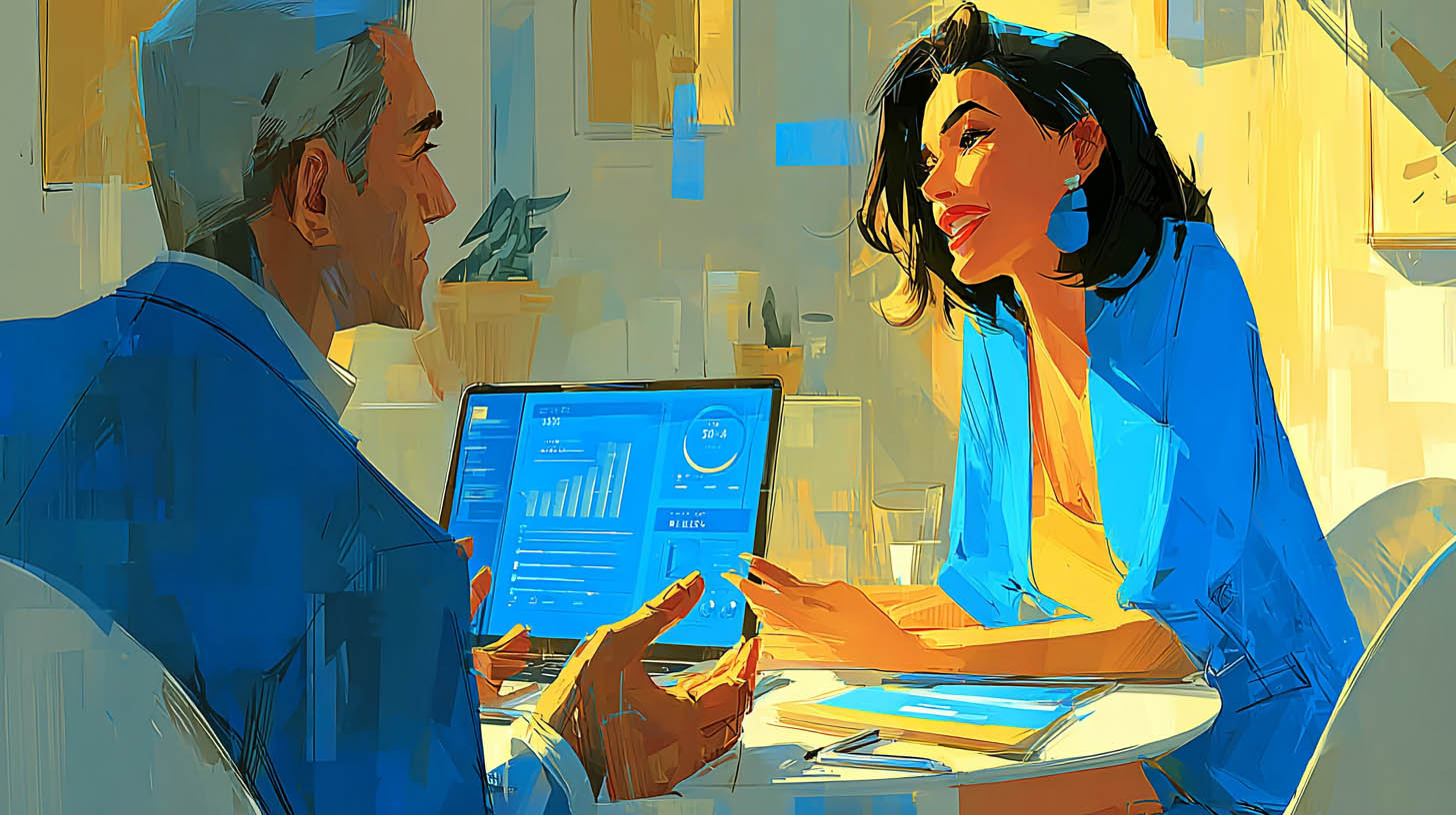 Expert-comptable en rendez-vous avec une cliente entrepreneure analysant un dashboard financier à Plaisir