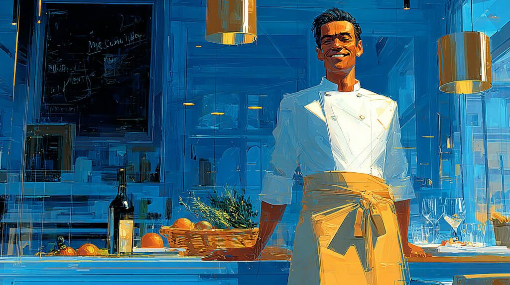 Chef restaurateur souriant en veste blanche devant son comptoir et un panier de produits frais à Dourdan