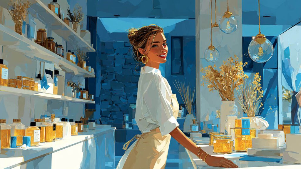 Entrepreneuse dans sa boutique de cosmétiques naturels aux Ulis