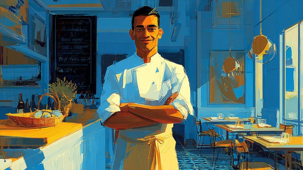 Restaurateur souriant en veste de chef dans la salle de son bistrot à Sainte-Geneviève-des-Bois