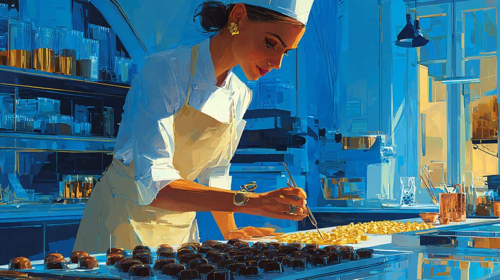 Chocolatière-pâtissière penchée sur ses pralines en cours de finition dans son atelier à Yerres