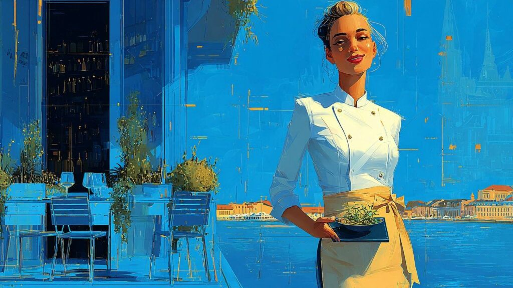 Restauratrice souriante en veste de chef sur la terrasse de sa brasserie en bord de Seine à Corbeil-Essonnes