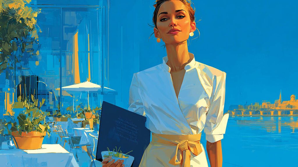 Restauratrice souriante en veste de chef sur la terrasse de sa brasserie à Ris-Orangis