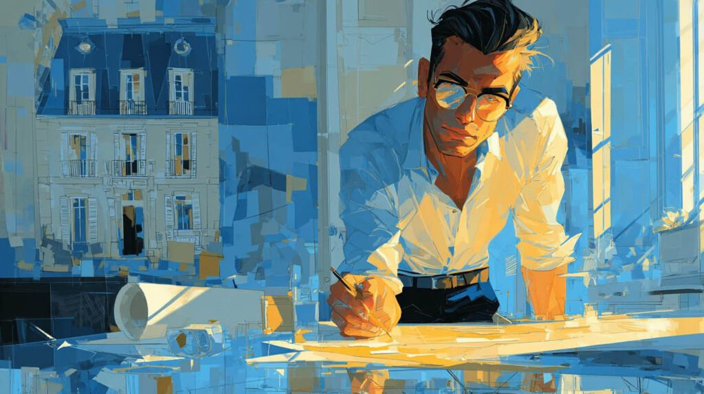 Architecte dessinant des plans dans son studio devant une fenêtre lumineuse à Sartrouville