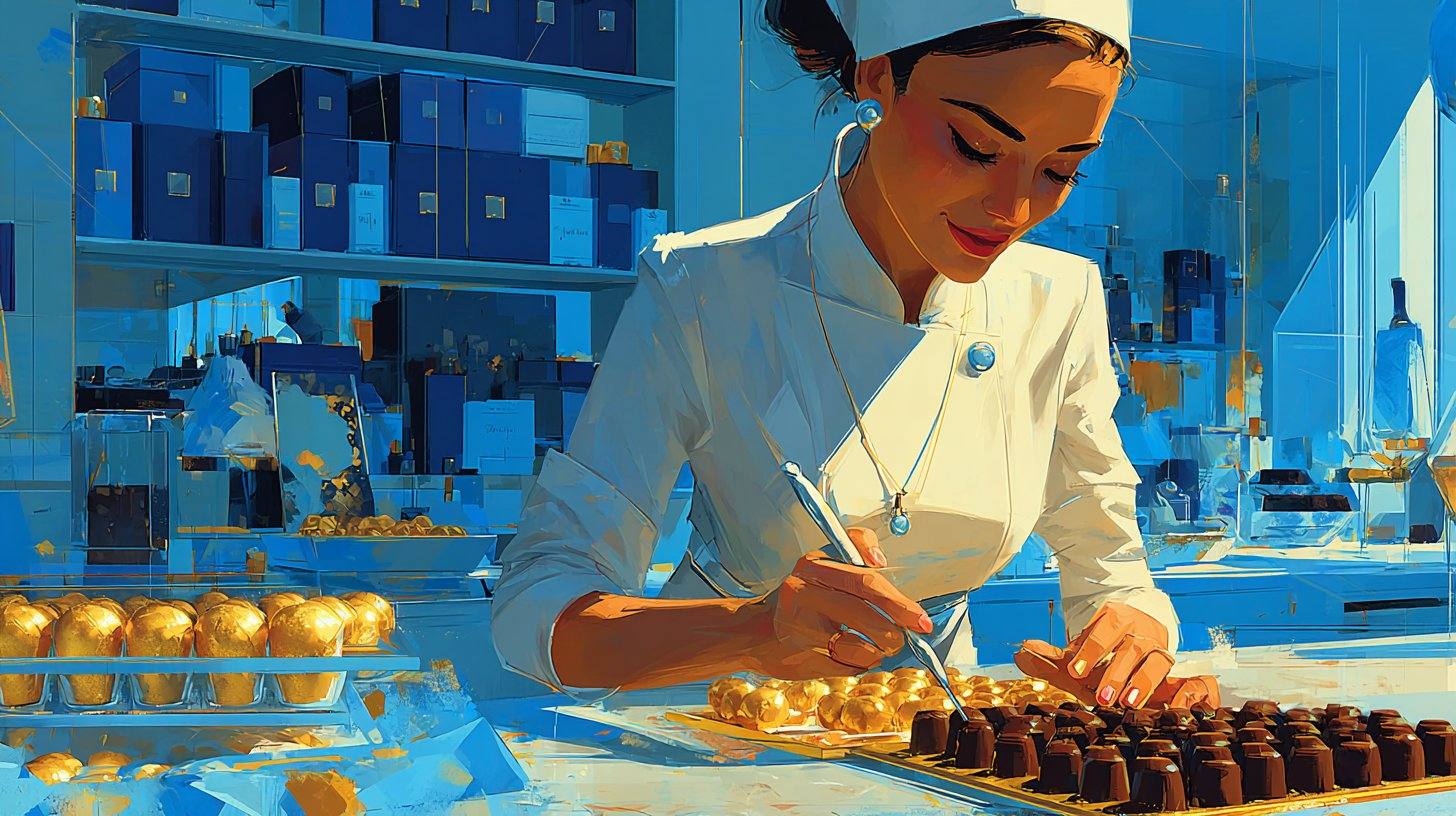 Chocolatière-pâtissière garnissant des bonbons avec précision dans son laboratoire à Corbeil-Essonnes