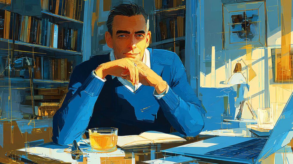 Auteur rédacteur indépendant en pleine réflexion devant son ordinateur dans son bureau à Montfort-l'Amaury