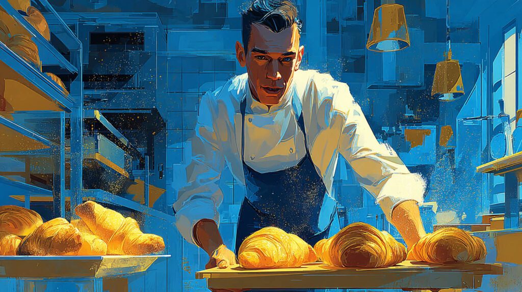 Boulanger-pâtissier sortant un plateau de viennoiseries dorées du four de son fournil à Montigny-le-Bretonneux