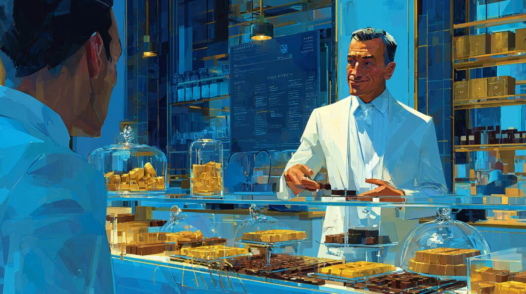 Chocolatier présentant ses chocolats artisanaux à un client dans sa boutique au Vésinet