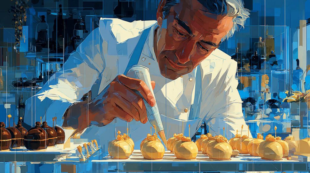 Chocolatier décorant ses bonbons de chocolat artisanaux dans son atelier à Sartrouville