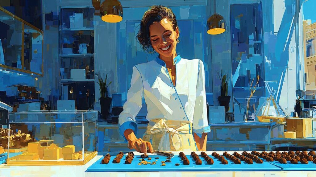 Artisane chocolatière disposant des pralines dans sa boutique du centre-ville — commerçant à Brétigny-sur-Orge
