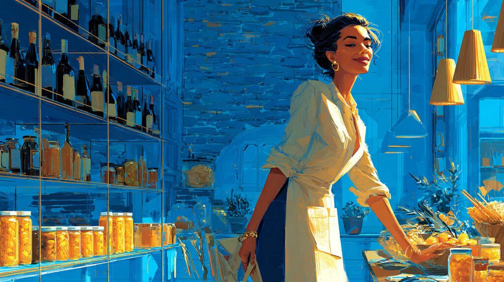 Épicière réapprovisionnant ses rayons de conserves artisanales dans sa boutique à Mennecy