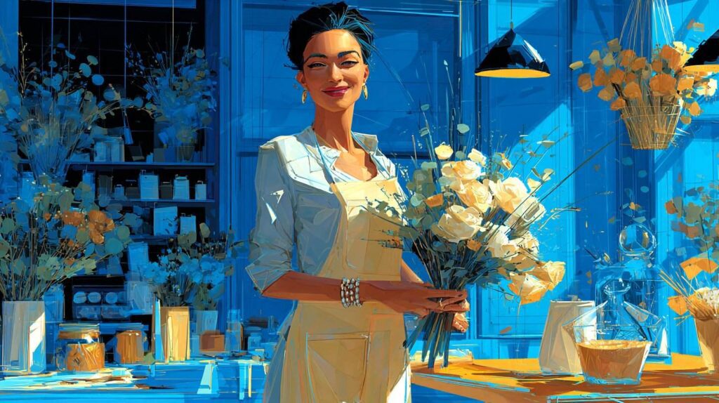 Fleuriste souriante composant un bouquet de roses dans sa boutique à Morsang-sur-Orge