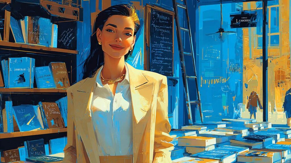 Libraire indépendante souriante devant ses étagères de livres et sa rue historique à Étampes