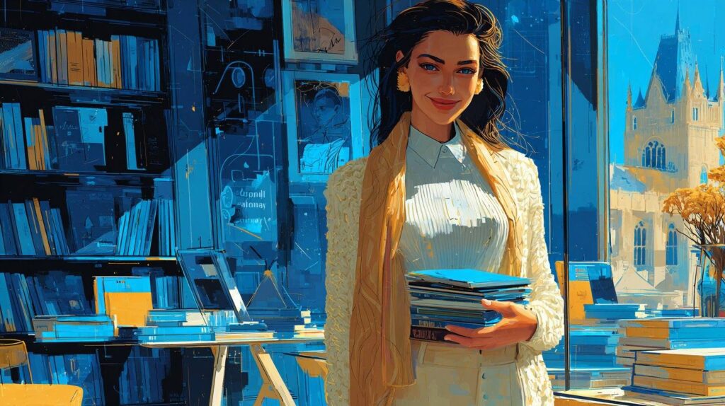 Libraire indépendante souriante avec une pile de livres dans sa librairie à Sainte-Geneviève-des-Bois