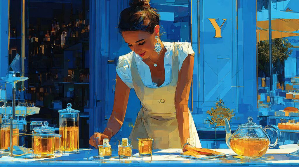Gérante de salon de thé arrangeant une théière et des tasses sur son comptoir à Yerres