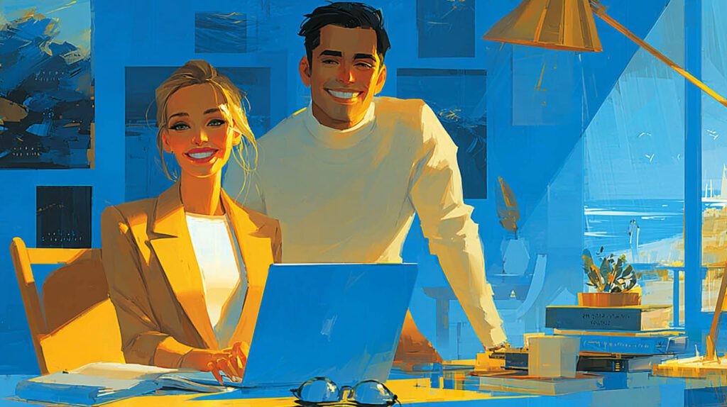 Deux entrepreneurs souriants dans leur bureau à Draveil
