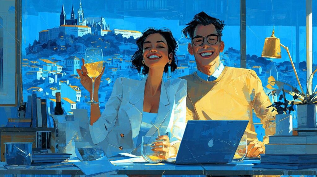Deux jeunes co-fondateurs souriants levant un verre avec la ville haute en arrière-plan à Étampes