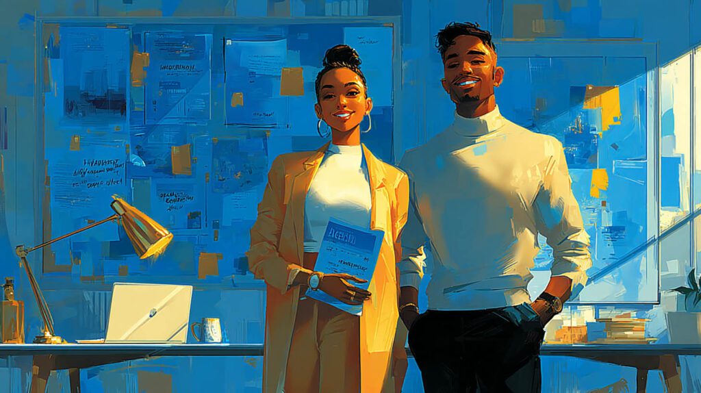 Deux jeunes co-fondateurs souriants tenant un document officiel devant leur tableau de bord à Mennecy