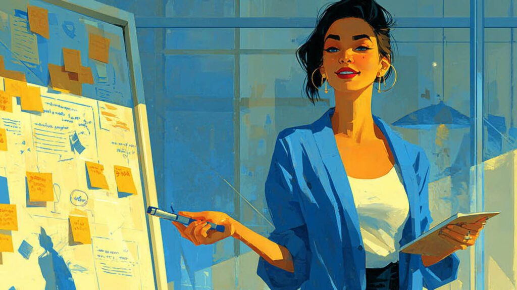 Jeune entrepreneure souriante présentant son projet devant un tableau de visualisation à Montigny-le-Bretonneux