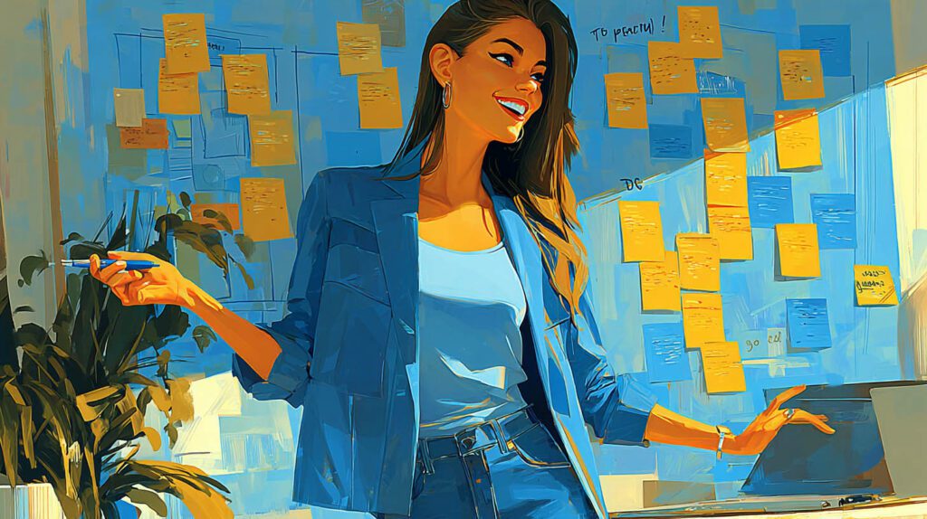 Jeune entrepreneure souriante animant son tableau de visualisation à Plaisir