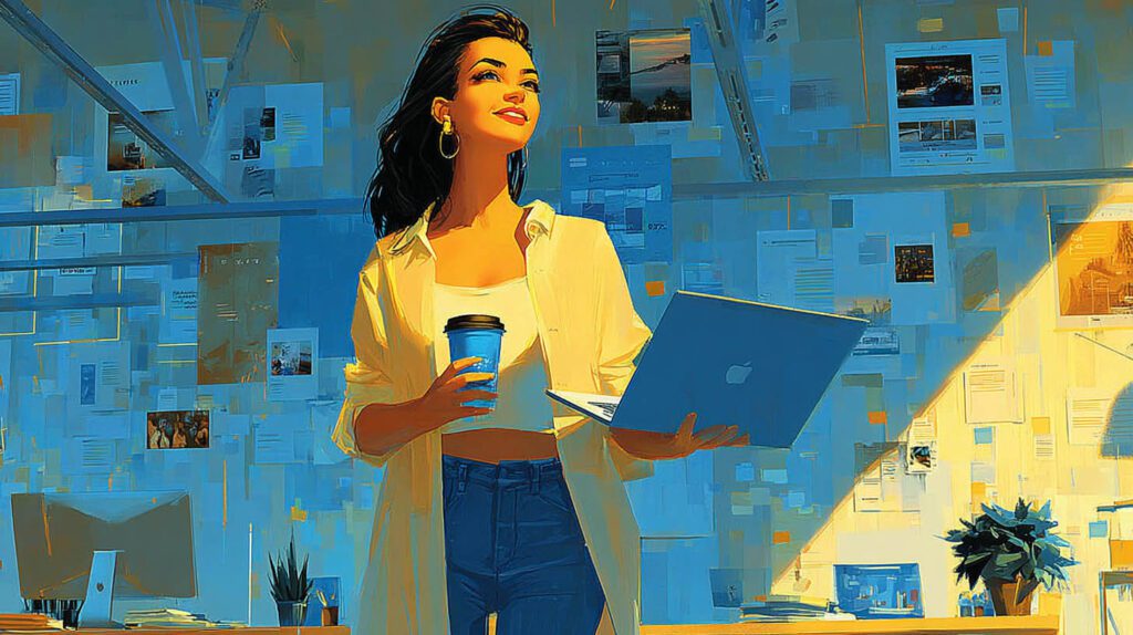 Jeune entrepreneure souriante devant son mur de projets dans un espace coworking à Vélizy-Villacoublay