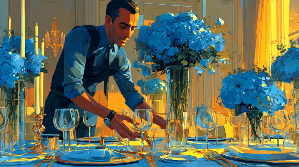 Décorateur événementiel arrangeant une composition florale sur une table de réception au Vésinet