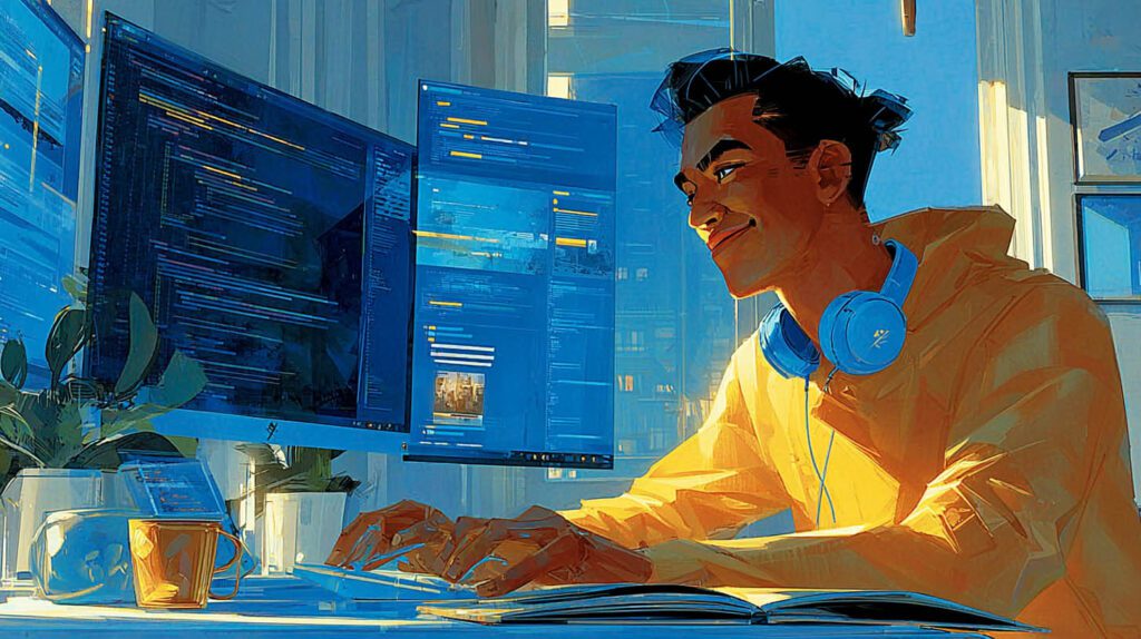 Développeur web freelance codant sur son poste double écran dans son home-office à Guyancourt