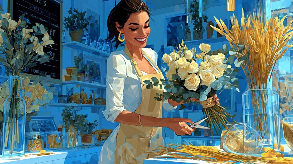 Fleuriste indépendante composant un bouquet de roses dans sa boutique — accompagnement entrepreneurs Savigny-sur-Orge