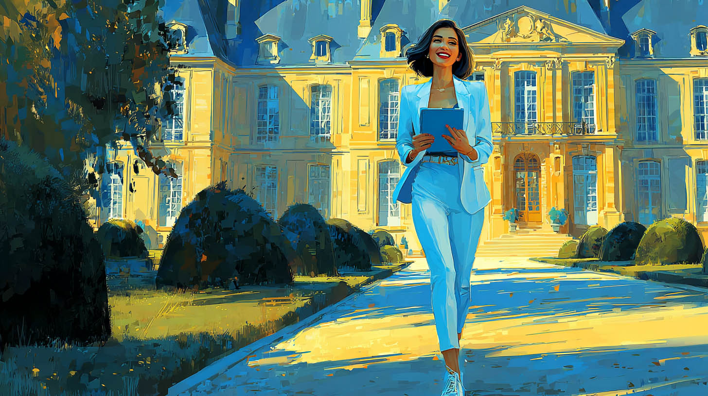 Experte-comptable marchant avec sa tablette devant le château de Plaisir