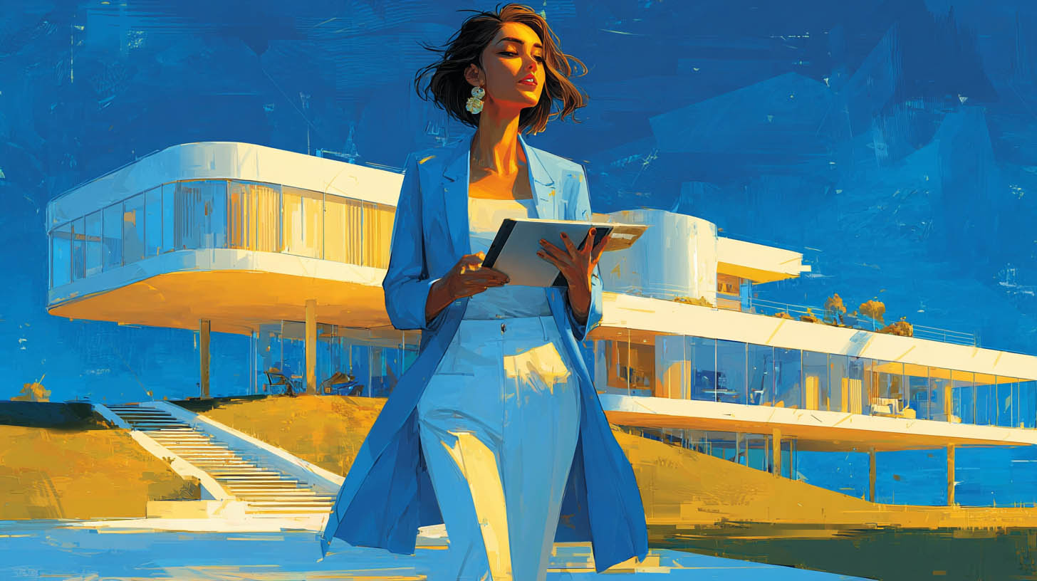 Experte-comptable consultant sa tablette devant la Villa Savoye de Le Corbusier à Poissy