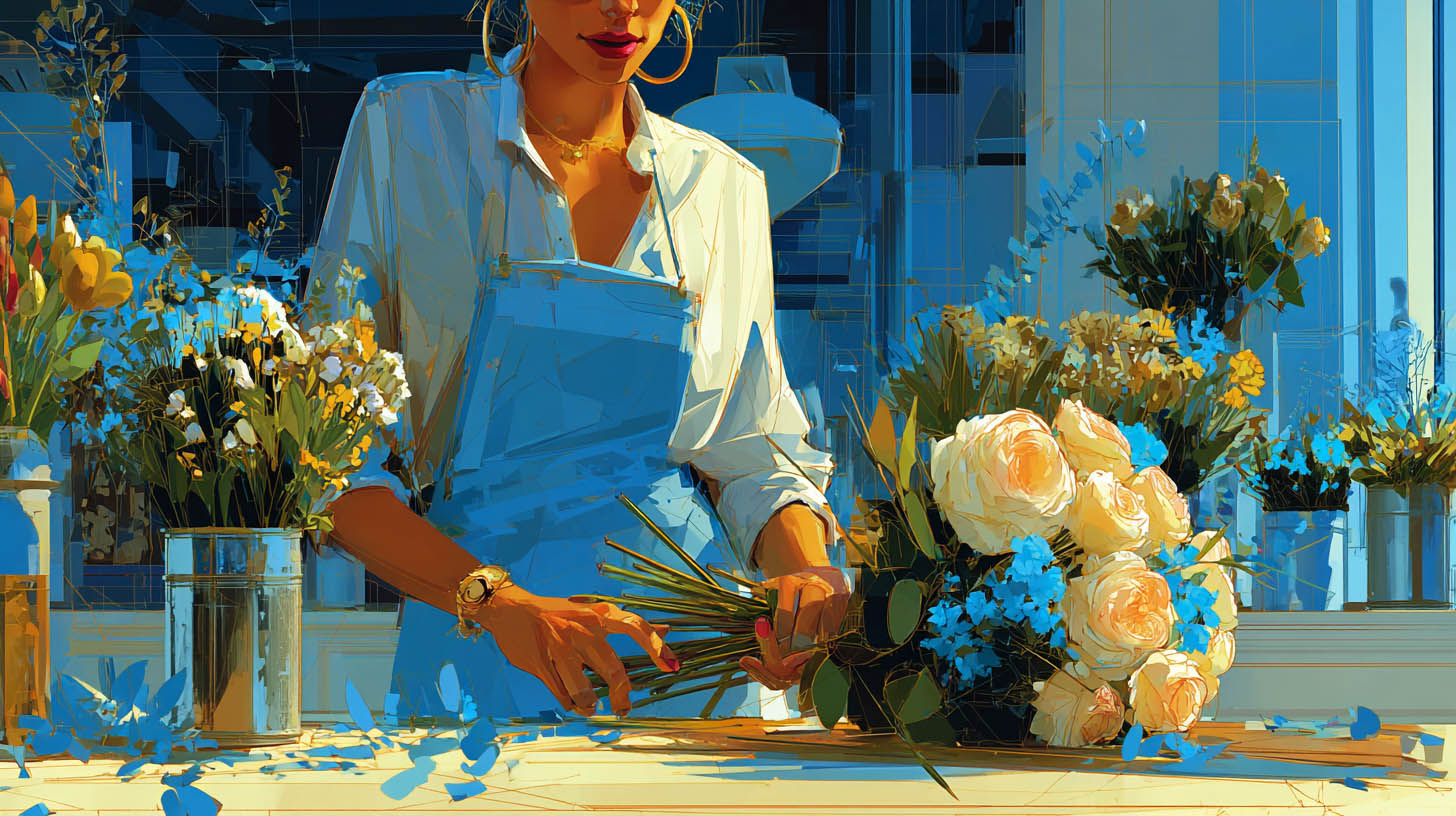 Fleuriste composant un bouquet de roses et fleurs de saison sur son comptoir à Montigny-le-Bretonneux