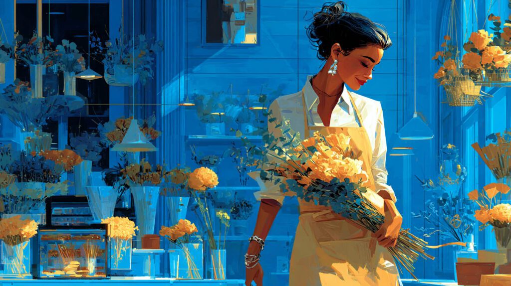 Fleuriste souriante composant un bouquet dans sa boutique à Ris-Orangis