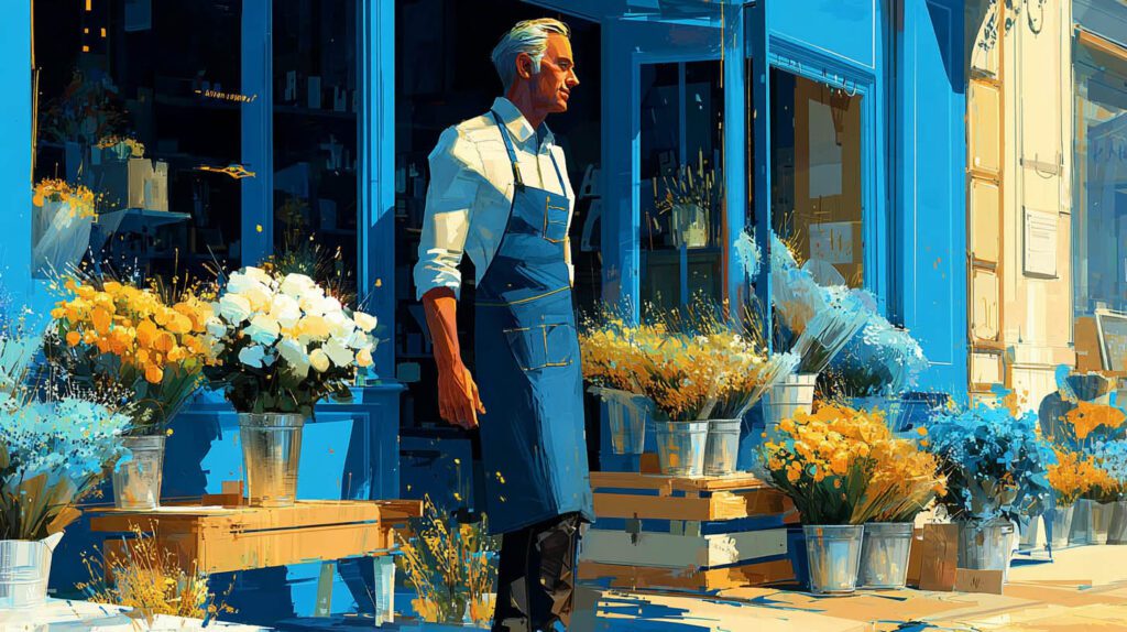 Fleuriste devant sa boutique entourée de seaux de fleurs colorées à Saint-Germain-en-Laye