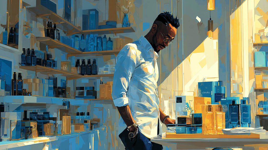 Gérant de boutique organisant ses produits dans son commerce artisanal à Rambouillet