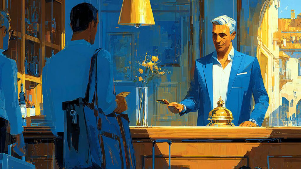 Hôtelier accueillant des voyageurs dans son hôtel de charme du village médiéval de Montfort-l'Amaury