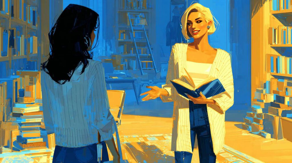 Libraire conseillant une cliente avec un livre ouvert dans sa librairie indépendante à Guyancourt
