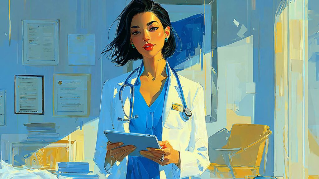Médecin en blouse blanche consultant un dossier patient dans son cabinet médical au Vésinet