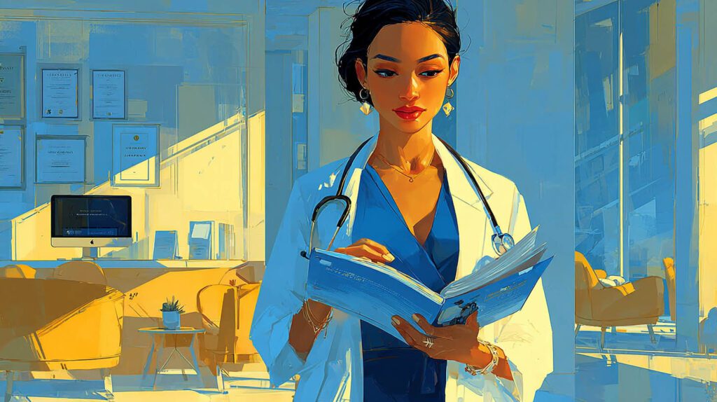 Médecin en blouse blanche consultant un dossier patient dans son cabinet médical à Marly-le-Roi