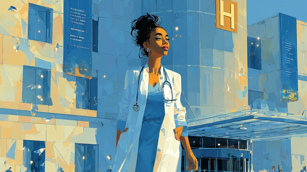 Médecin en blouse blanche devant l'entrée moderne de l'hôpital à Versailles