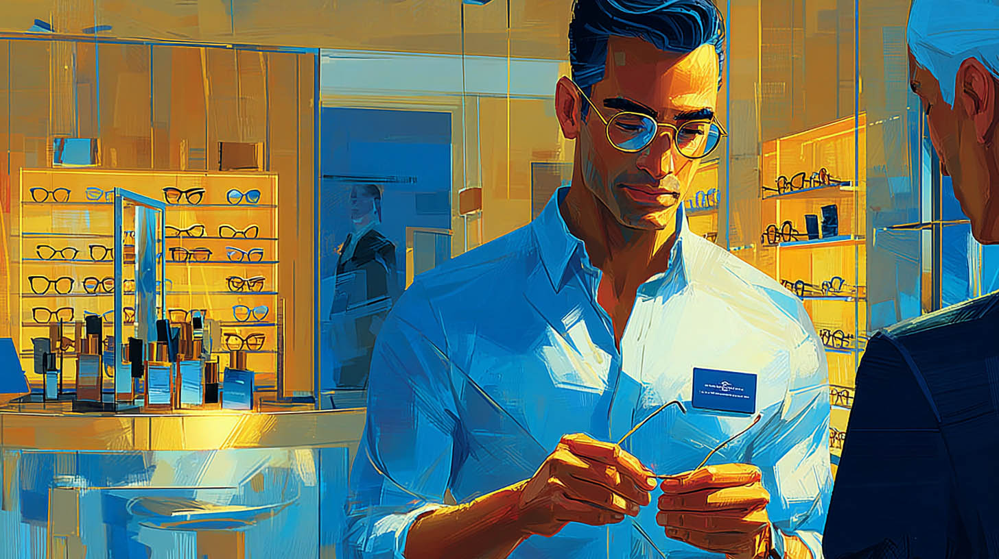 Opticien examinant une paire de lunettes design dans sa boutique à Plaisir