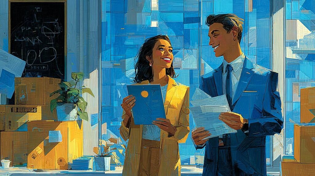 Duo d'entrepreneurs tenant leurs documents de création d'entreprise dans un bureau