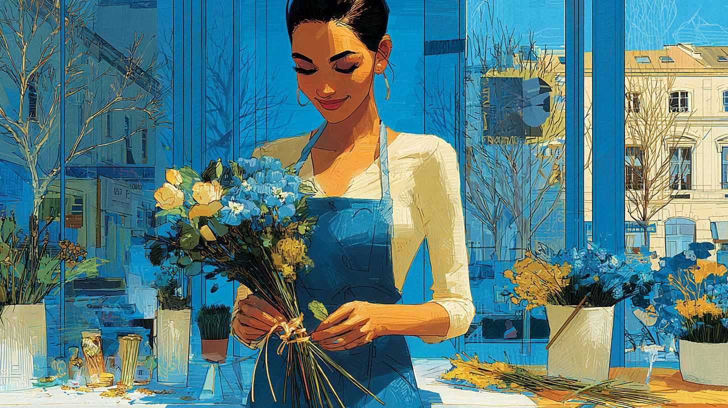 Fleuriste composant un bouquet dans sa boutique à Palaiseau