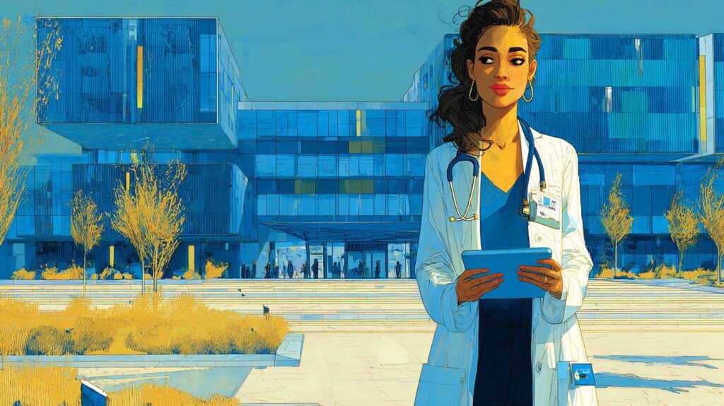 Médecin sur le parvis de l'Hôpital Paris-Saclay, tablette en main