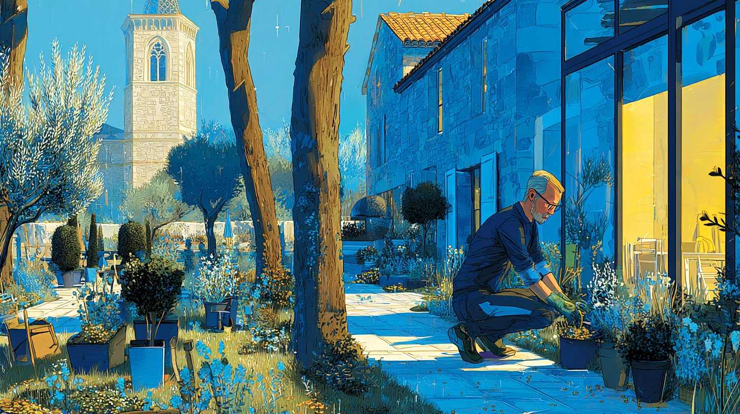 Paysagiste travaillant dans le jardin de l'église Saint-Martin à Palaiseau