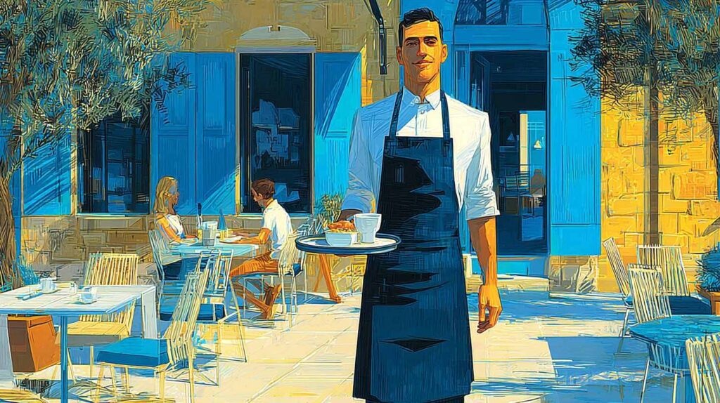 Gérant de restaurant en tablier sur la terrasse de son bistrot à Palaiseau