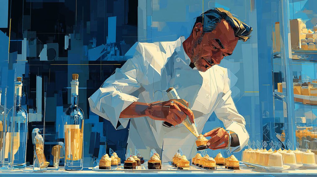 Pâtissier-chocolatier décorant des éclairs et des bonbons de chocolat dans son atelier à Versailles