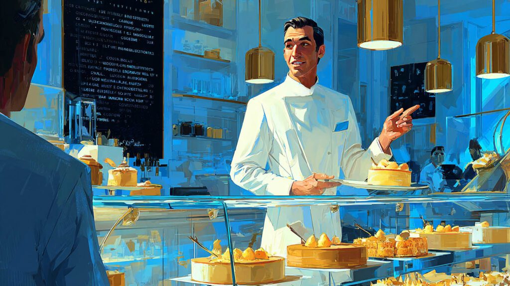 Pâtissier présentant un gâteau artisanal à un client dans sa boutique à Marly-le-Roi